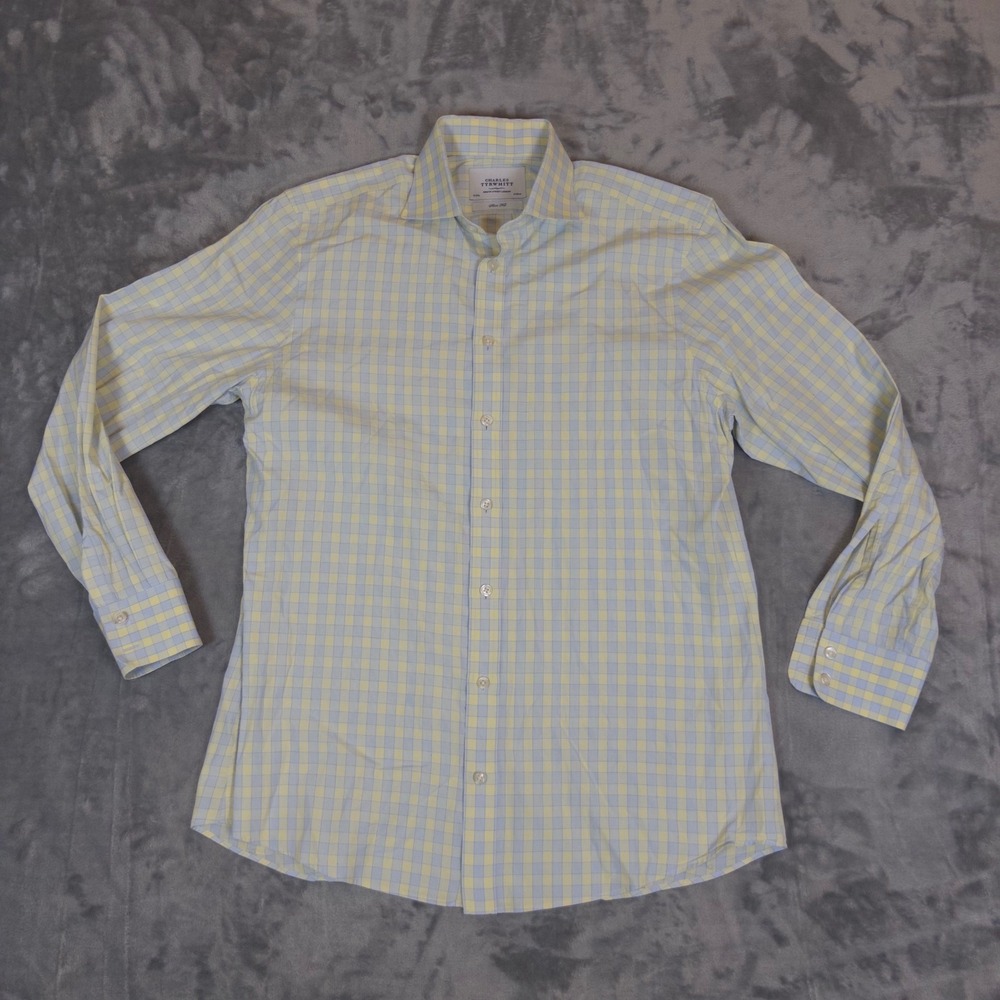 Charles Tyrwhitt Dress Shirt Mens 16/34 Yellow Blue Check Slim Fit Cotton Button